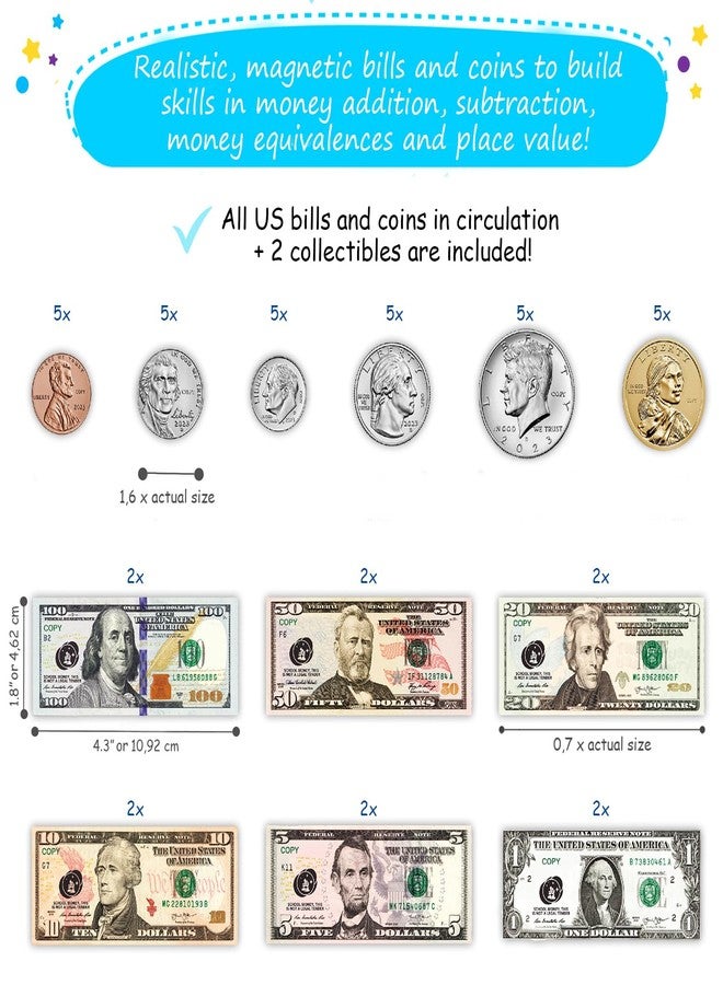 Simply magic 67 PCS Play Money for Teaching - Magnetic Money for Classroom Activity Set, Pretend Play Money Magnets for Kids, Money Manipulatives & Games, Toy Toddler Money, Learning Coins, Bills - Image 4